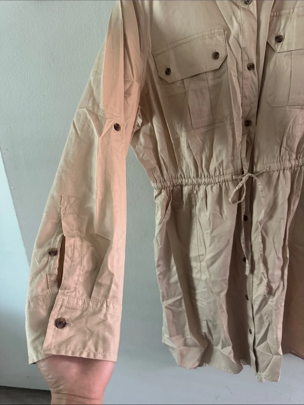 Time and Tru Beige Drawstring Utility Jacket Dress